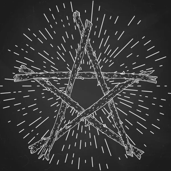 Pentagrama Palos Madera Dibujado Mano Con Rayos Luz Símbolo Mágico — Vector de stock