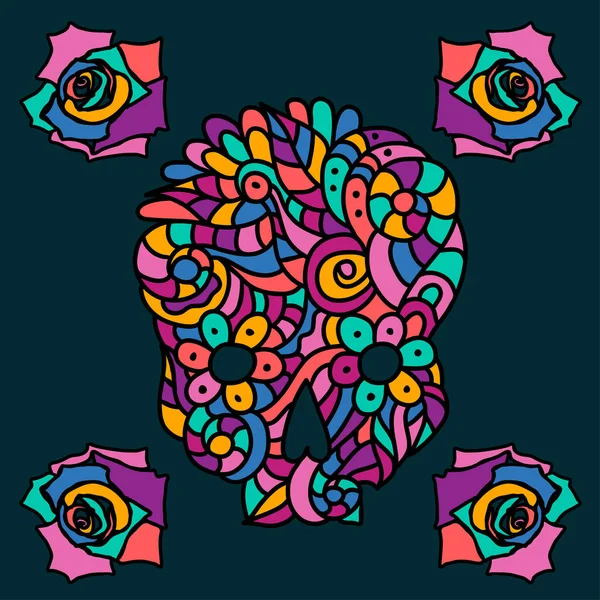 Jour Des Morts Halloween Gribouiller Crâne Multicolore Avec Des Roses — Image vectorielle