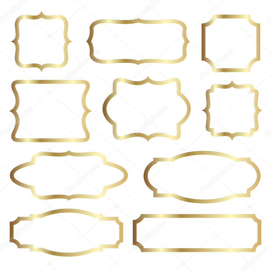 Golden shiny glowing vintage elegant frames set isolated over white background. Gold metal luxury blank rectangle borders. Vector background illustration template.