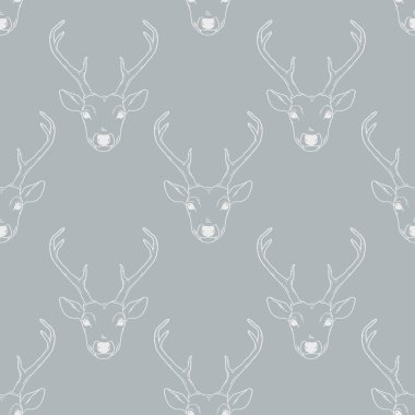 Geyik kafası siluetleriyle kusursuz desen. Açık gri üzerine beyaz vektör arkaplan. Doğa hayvanlarının arka planı.