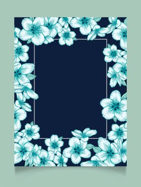 Vektör botanik çiçeği düğün davetiyesi. Koyu mavi zarif bir kart şablonu ve turkuaz elma çiçekleri. Kutlama kartı ve yıldönümü için romantik tasarım.