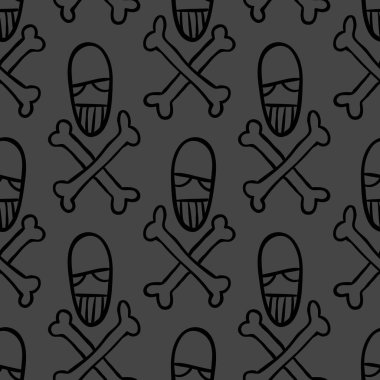 Vektör cadılar bayramı karalama kafatası ve kemiklerin kusursuz deseni. Parti posteri için tasarım arka planı. Koyu gri üzerine siyah çizilmiş el çizimi karikatür çizimi.