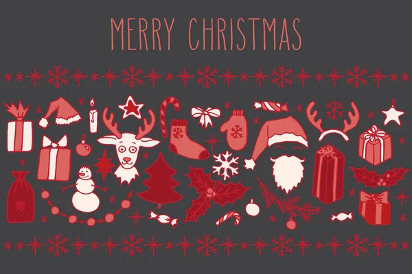 Handgezeichnete Weihnachtskritzelelemente Rot Über Grau Weihnachtsmann Weihnachtsbaum Rentier Und Schneemann — Stockvektor