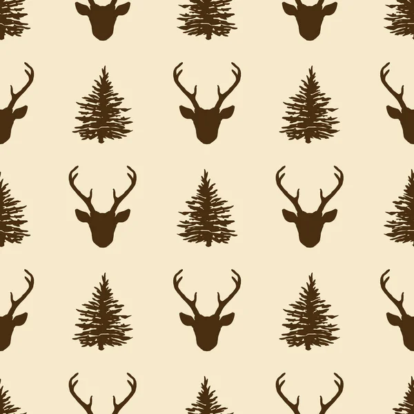 Seamless Pattern Deer Head Fir Tree Silhouettes Vector Winter Holiday — Stock Vector