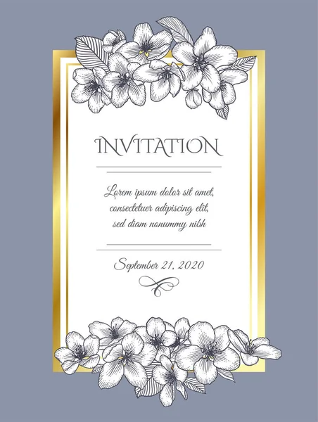病媒植物花式婚宴请贴精美的单色卡片模板 苹果花和金框 天然化妆品 女性产品的浪漫设计 — 图库矢量图片
