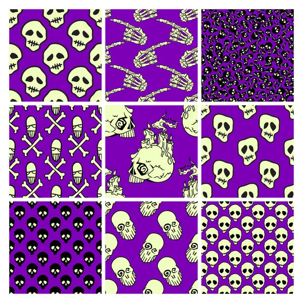 Crânes Halloween Motifs Sans Couture Ensemble Fond Violet Dessiné Main — Image vectorielle