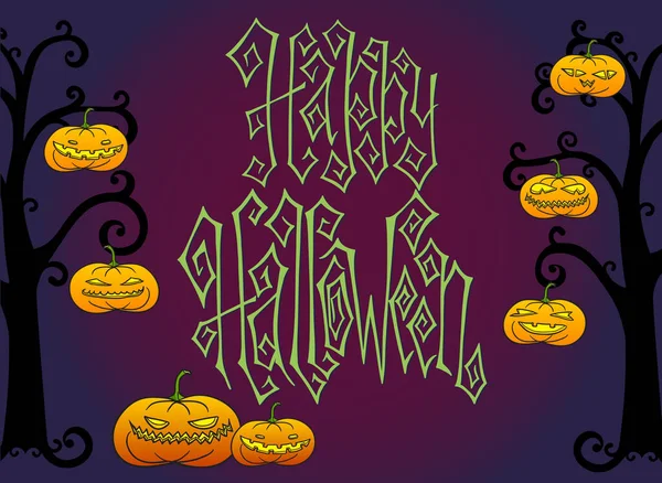 Hagyományos Kézzel Rajzolt Halloween Üdvözlőlap Hátborzongató Sütőtök Lámpák Lógott Csupasz — Stock Vector