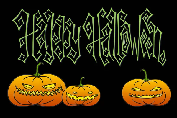 Traditional Dark Hand Drawn Halloween Greeting Card Creepy Pumpkin Lanterns — Stock Vector