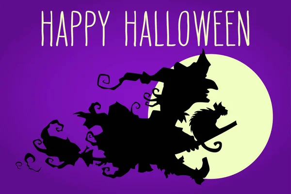 Sorcière Nuit Volante Contre Lune Carte Vœux Célébration Halloween Dessinée — Image vectorielle