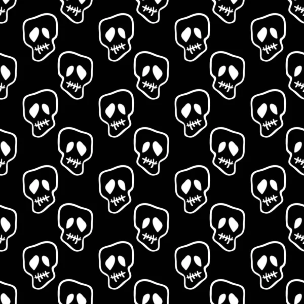 Vector Halloween Doodle Skulls Seamless Pattern Black White Design Background — Stock Vector