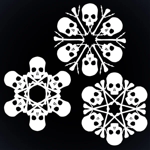 Set Von Vektorsilhouette Schneeflocken Aus Schädeln Und Knochen Weiß Isoliert — Stockvektor