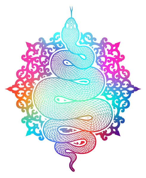 Svinutý Had Přes Květinovou Mandalu Detailní Ilustrace Barevný Kmenový Had — Stockový vektor