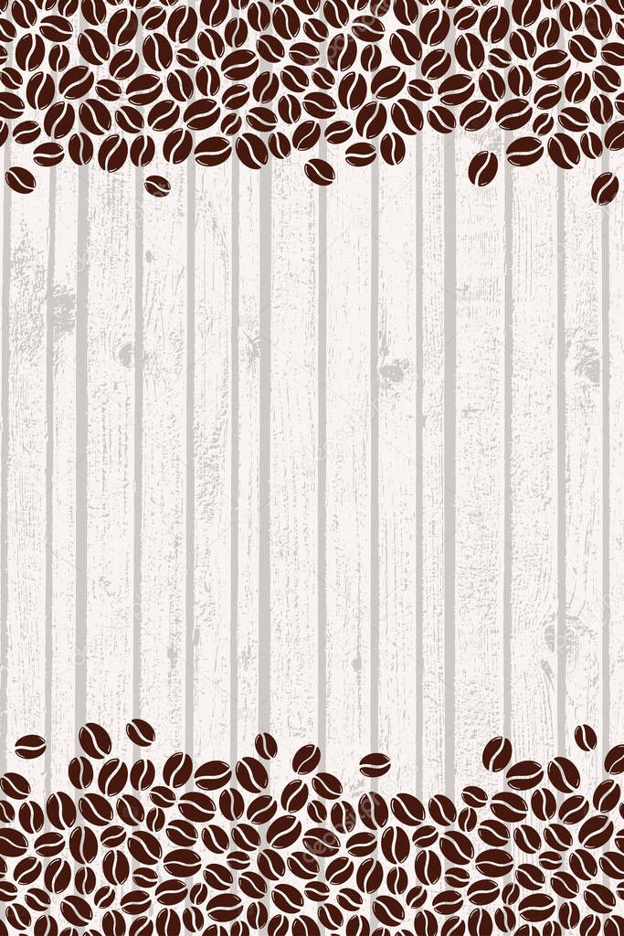 Roasted coffee beans over light wood blank frame. Graphic menu wooden rustic template vector illustration.