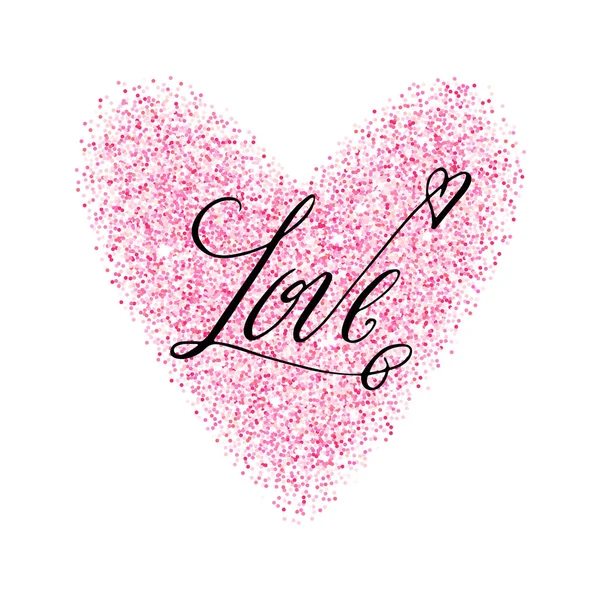 Love Hand Written Valentine Day Greeting Card Pink Glitter Heart — Stock Vector