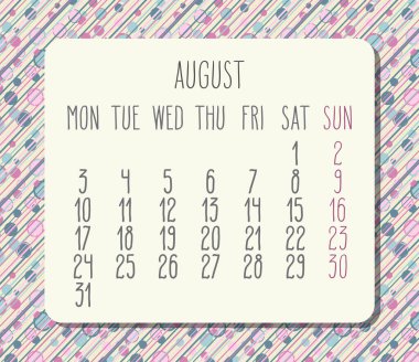 Ağustos 2020 vektör takvimi. Hafta pazartesiden itibaren başlıyor. Pastel renkli noktalar ve çizgiler ışık tasarımı.