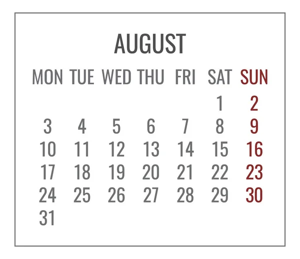 Agosto Año 2020 Vector Mensual Simple Calendario Blanco Minimalista Semana — Archivo Imágenes Vectoriales