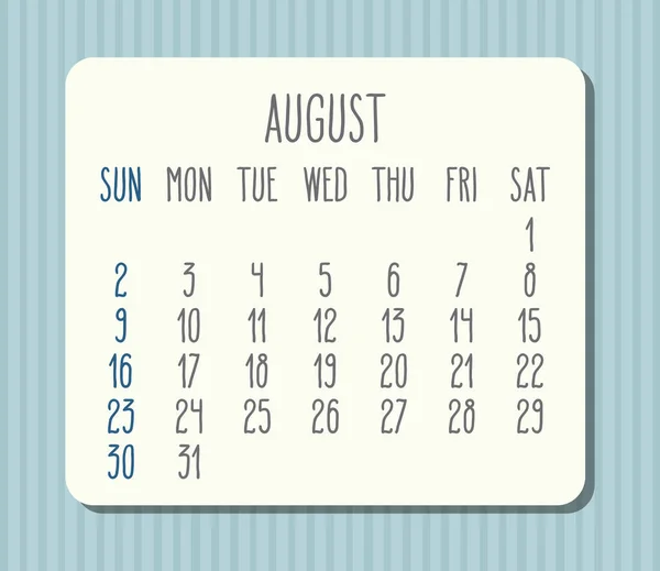 August Jahr 2020 Vektor Monatslichtkalender Weißer Rahmen Über Pastellblau Gestreiftem — Stockvektor