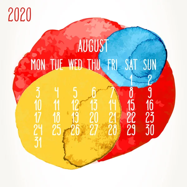 Agosto Año 2020 Vector Calendario Artístico Mensual Dibujado Mano Coloridos — Vector de stock