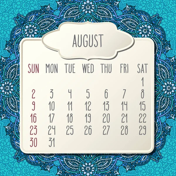 Agosto Anno 2020 Vettore Calendario Mensile Doodle Ornato Disegnato Mano — Vettoriale Stock