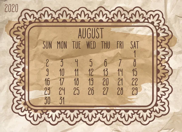 August Year 2020 Vector Monthly Calendar Ornate Frame Design Vintage — Stock Vector