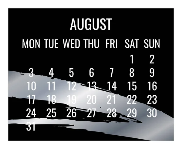 Agosto Año 2020 Vector Mensual Calendario Moderno Diseño Contemporáneo Pincelada — Archivo Imágenes Vectoriales