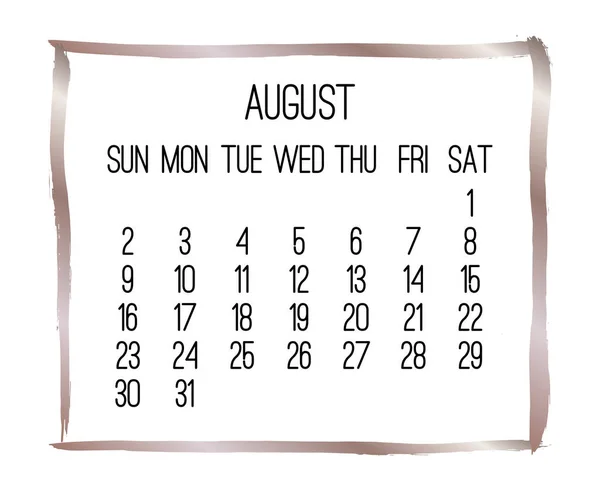 2020年8月ベクトルマンスリーモダンカレンダー 白を背景にした現代的なブロンズブラシストロークフレームデザイン 日曜日からの週 — ストックベクタ