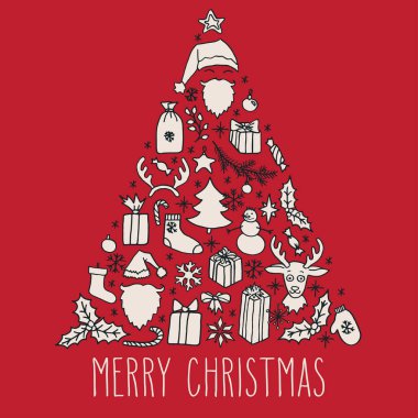 Noel 'in el çizimleri bir ağaç oluşturuyor. Noel Baba, ren geyiği, kardan adam, kar taneleri, hediyeler, dekorasyonlar, kutsallık ve yıldızlar. Kış tatili tebrik kartı..