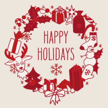 Kış tatili el çizimi çelenk tebrik kartı. Noel Baba şapkası, Noel ağacı, ren geyiği, kardan adam, kar taneleri, hediyeler, süslemeler, kutsal ve şeker.
