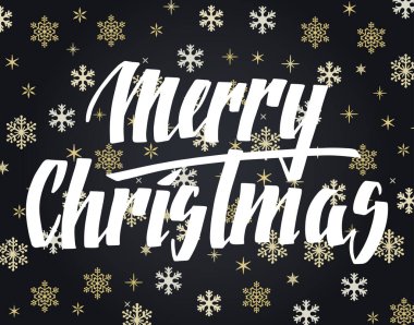 Elle yazılmış Noel selamları, kartpostallar için modern şenlik el yazısı harfleri. Beyaz, siyah ve altın kar tanelerinin üstünde. Tatil sezonu tasarımı, vektör illüstrasyonu.