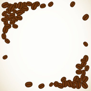 Fırınlanmış kahverengi kahve çekirdekleri boş beyaz çerçeve. Grafiksel kafe menü şablonu vektör illüstrasyonu.