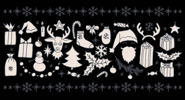 Set Von Vektor Weihnachtskritzelelementen Grau Und Weiß Über Schwarz Weihnachtsmann — Stockvektor
