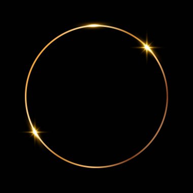 Siyah arkaplanda izole edilmiş altın gibi parlak yuvarlak çerçeve. Altın metal lüks boş sınır. Vektör arkaplan resimleme şablonu.