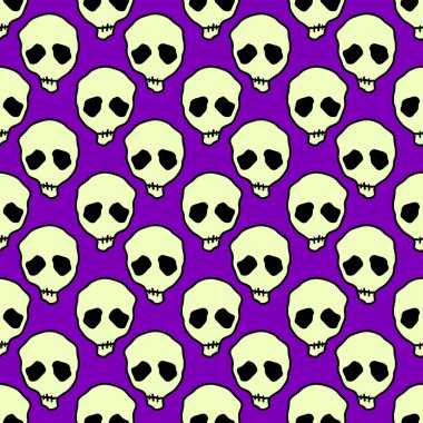 Vektör Cadılar Bayramı kafatasları kusursuz desen. Parti posteri için tasarım arka planı. El çizimi karikatür çizimi. Mor üzerine izole edilmiş nesneler.
