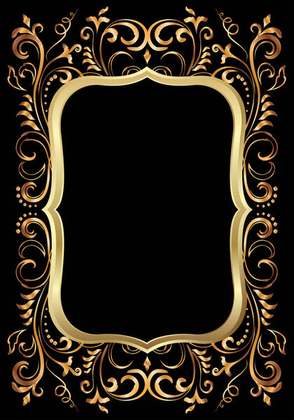 Golden shiny glowing ornate frame isolated over black. Gold metal luxury elegant blank border. Vector background illustration template.