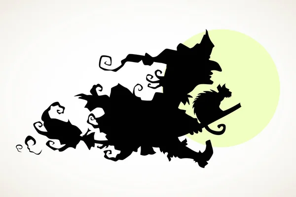 月に対して飛ぶ魔女 手描きハロウィンお祝いデザイン要素記号 白の上に隔離された黒のベクトル図 — ストックベクタ