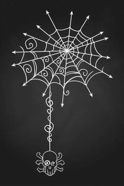 首を垂らしてクモの巣を作る 手描きハロウィンお祝いデザイン要素記号 黒の黒板に白いベクトルイラスト — ストックベクタ