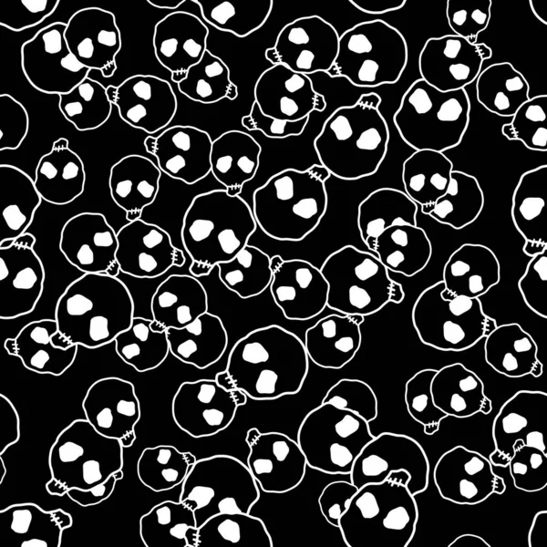 Vector Halloween Doodle Schedels Naadloos Patroon Zwart Wit Ontwerpachtergrond Voor — Stockvector