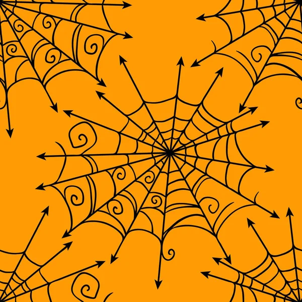 スパイダーウェブベクターハロウィンシームレスパターン パーティーポスターのためのWeb背景を設計します 手描きの漫画のイラストで黒でオレンジ — ストックベクタ