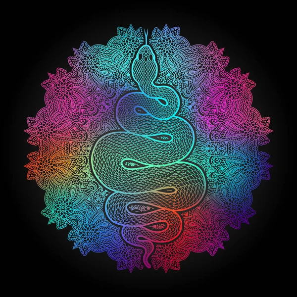 Zwinięty Wąż Nad Kwiatową Mandalą Szczegółowa Ilustracja Kolorowy Plemienny Wąż — Wektor stockowy
