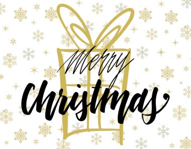 Hediye kutusuyla el yazısıyla selamlama, altın ve beyaz kar taneleri üzerine yazılmış modern şenlik el yazısı. Tatil sezonu tasarımı, vektör illüstrasyonu.