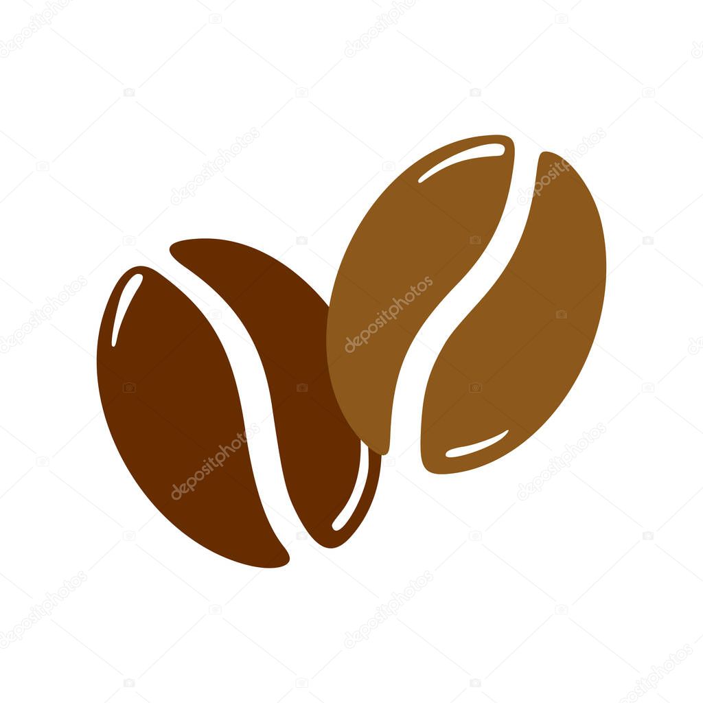 Two roasted coffee beans, caffeine symbol. Hand drawn graphic vector illustration isolated on white background.