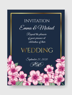 Vektör botanik çiçekli düğün davetiyesi pembe elma çiçekleri ve altın çerçeveli koyu mavi zarif bir kart şablonu. Kutlama kartı ve yıldönümü için romantik tasarım.