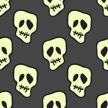 Vektör cadılar bayramı karalama kafatasları kusursuz desen. Parti posteri için tasarım arka planı. El çizimi karikatür çizimi. Koyu gri üzerine izole nesneler.