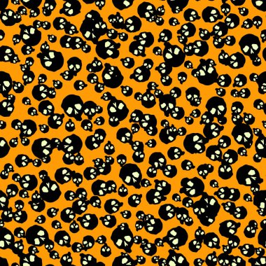 Vektör cadılar bayramı karalama kafatasları kusursuz desen. Parti posteri için tasarım arka planı. El çizimi karikatür çizimi. Turuncu üzerine izole nesneler.