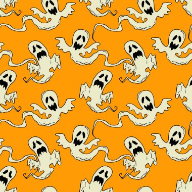 Uçan hayaletler cadılar bayramını kusursuz düzenliyor. Parti posteri için tasarım arka planı. El çizimi karikatür çizimi. Turuncu üzerine izole nesneler.