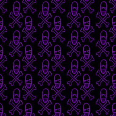 Vektör cadılar bayramı karalama kafatası ve kemiklerin kusursuz deseni. Parti posteri için tasarım arka planı. Elle çizilmiş karikatür çizimi siyah üzerine mor.