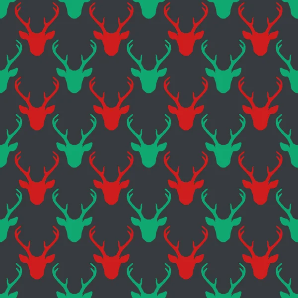 Christmas Seamless Pattern Red Green Deer Heads Silhouettes Winter Holidays — Stock Vector