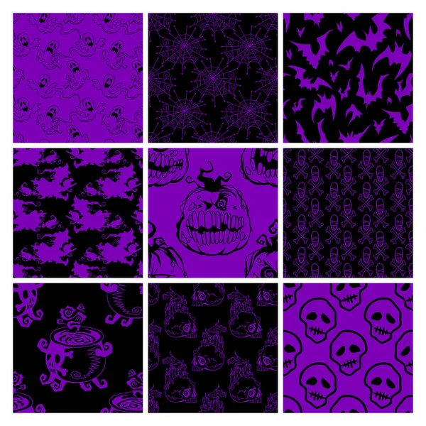 万圣节无缝图案设置与传统物品 手绘矢量假日紫色和黑色背景 飞行的巫婆和大锅 — 图库矢量图片