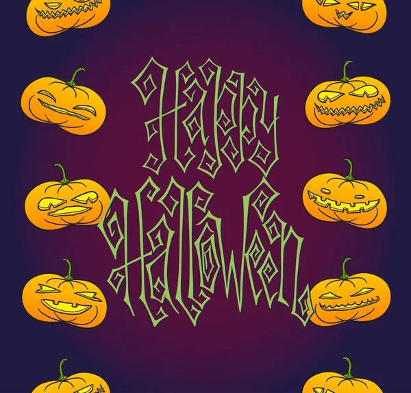 Tradicional Mão Escura Desenhado Halloween Cartão Saudação Com Lanternas Abóbora —  Vetores de Stock