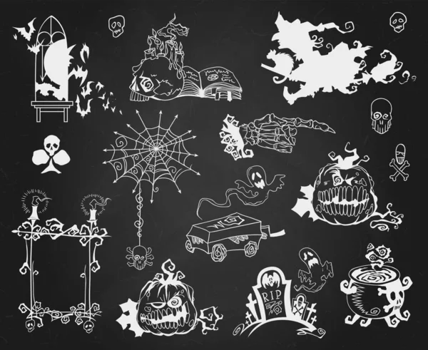 Stor Uppsättning Handritade Halloween Firande Designelement Symboler Vektorillustration Vitt Över — Stock vektor